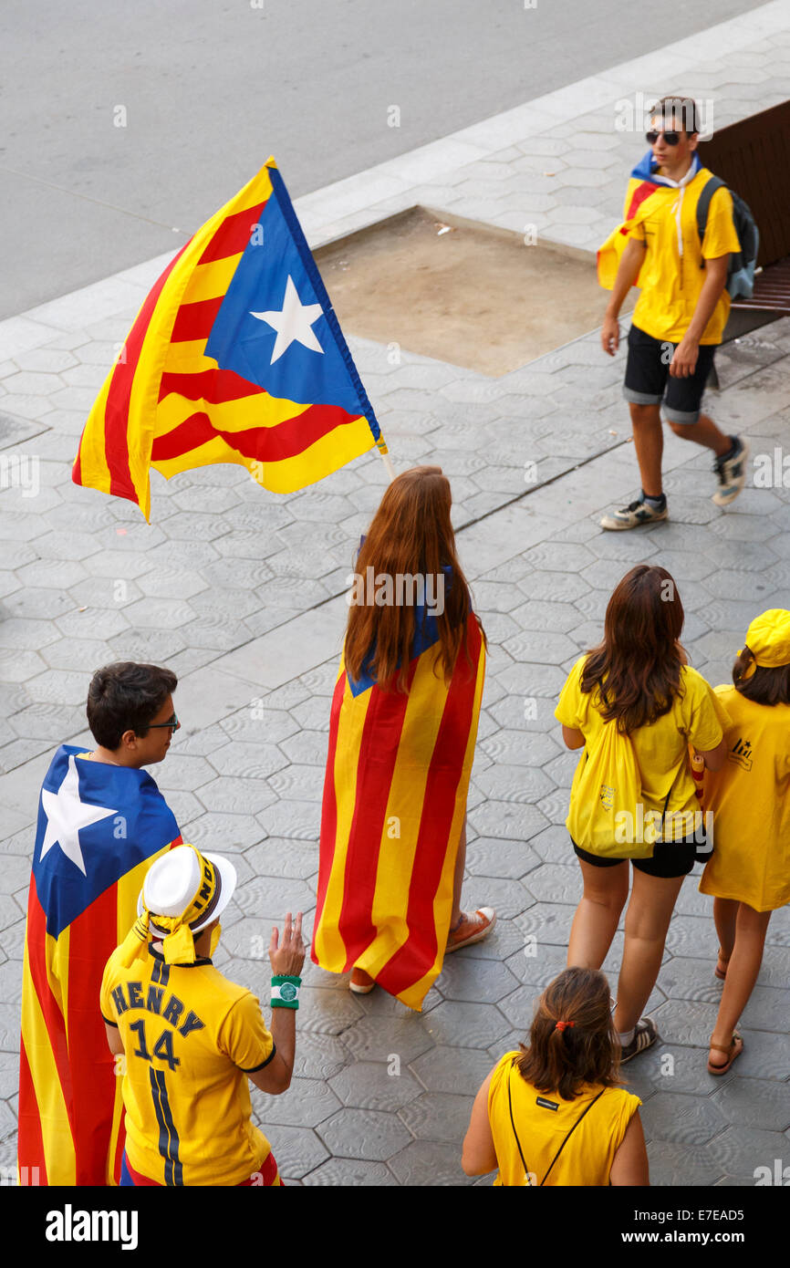 Barcellona, Spagna - 11 Settembre 2014: persone chiamate per l'indipendenza catalana del trecentesimo Catalan Giornata Nazionale per le strade di Foto Stock