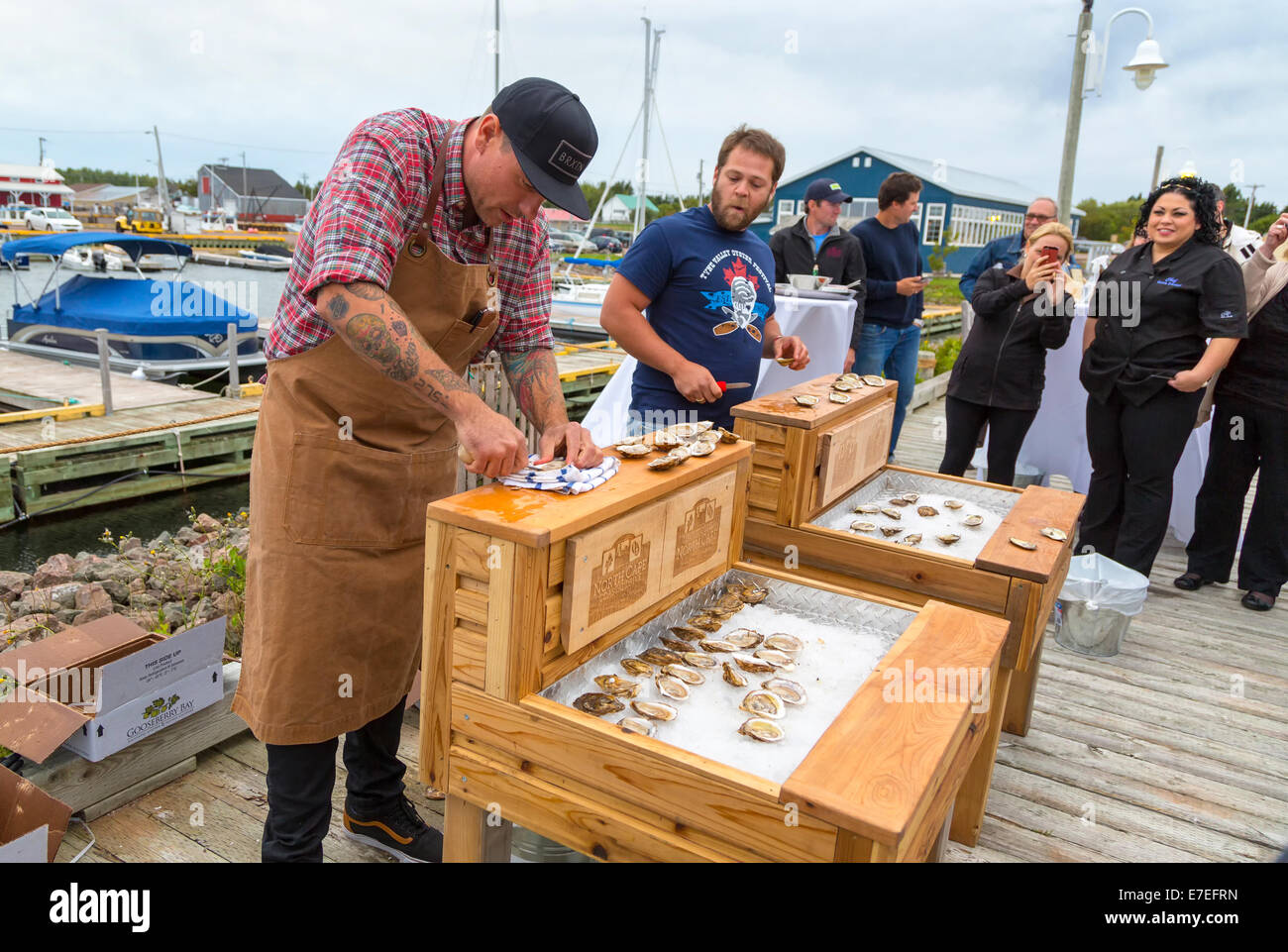 Alberton, Prince Edward Island, Canada. Xiii Sep, 2014. Celebrity Chef Chuck Hughes alla caduta dei sapori Festival il 7 settembre 13, 2014 sul molo Northport in Alberton, Prince Edward Island, Canada. Le ostriche sul molo di evento faceva parte del festival e ospitato da Hughes per vetrina PEI ostriche e prodotti alimentari locali. Credito: Verena Matteo/Alamy Live News Foto Stock