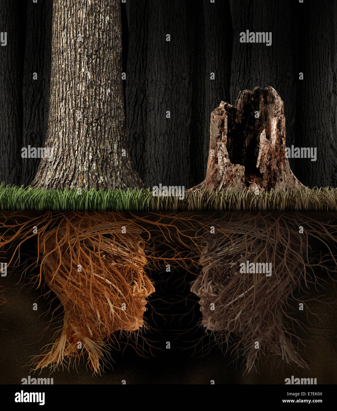 Il dolore e il lutto concetto come due alberi con radici a forma di teste umane con un albero morto in una foresta come un simbolo per la perdita e una metafora per la spiritualità in lutto per una persona cara che è morto. Foto Stock