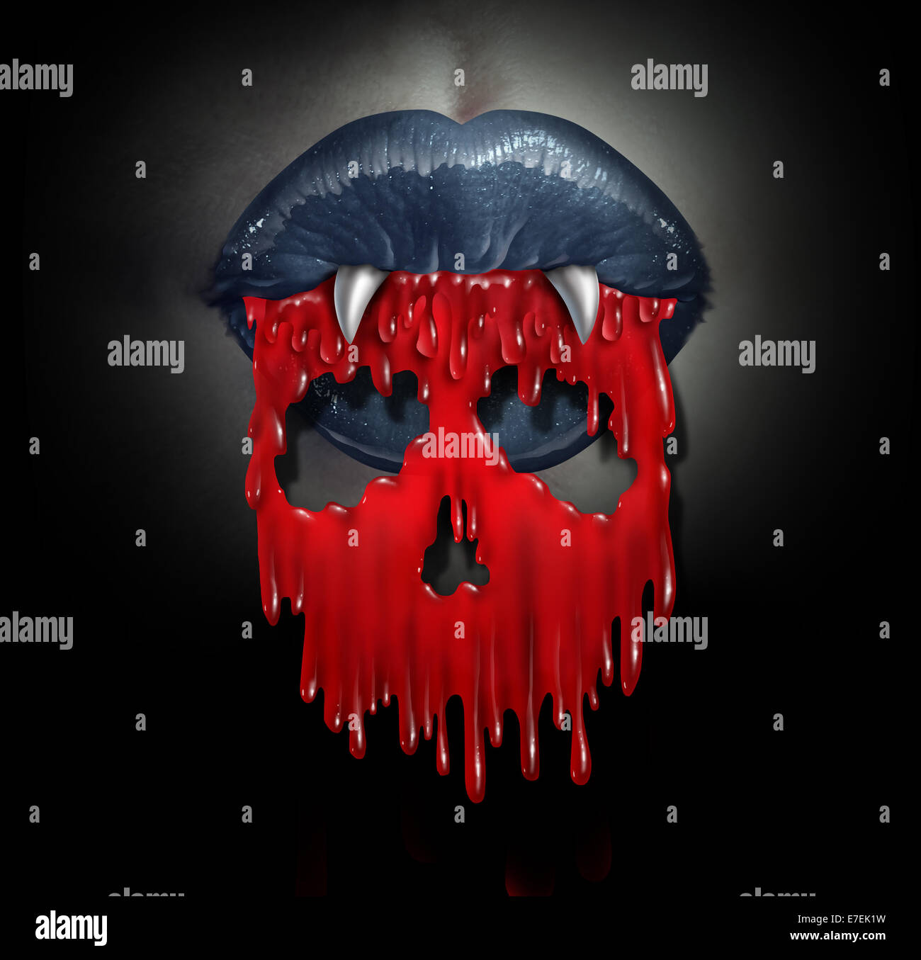 Vampiro concetto di sangue come un simbolo di orrore del demone sanguinario labbra sversamento di liquido rosso a forma di teschio di morte come una metafora per un film horror e male durante il periodo di Halloween. Foto Stock