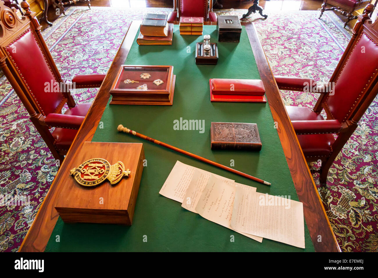 Honolulu Hawaii,Oahu,Hawaiian,Iolani Palace,interno,tavolo,sedie,carte,USA,Stati Uniti,Stati Uniti,America Polinesia,HI140325051 Foto Stock