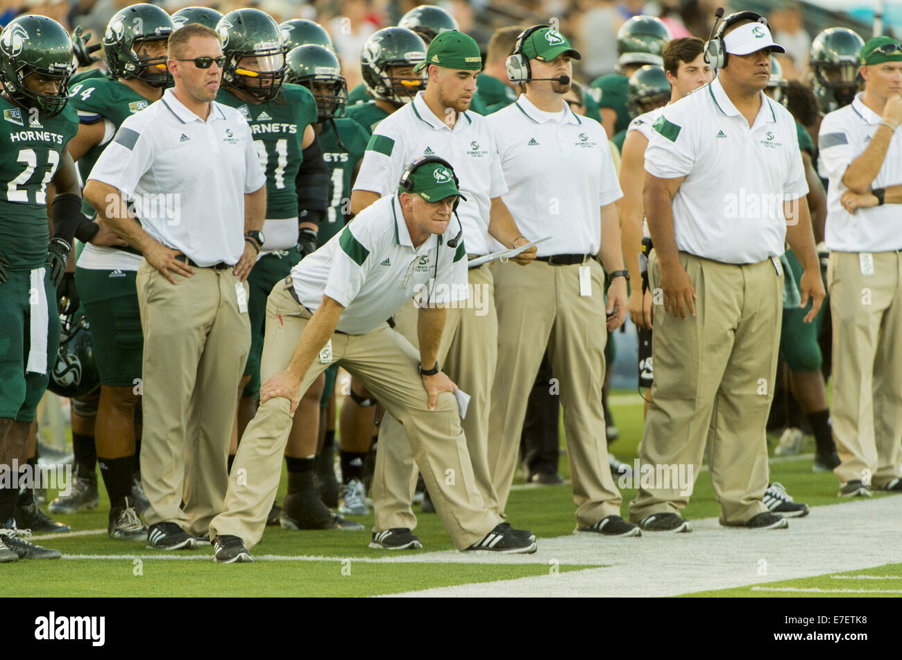 Sett. 13, 2014 - Sacramento, CA, Stati Uniti d'America - stato di Sacramento calabroni head coach Jody Sears si affaccia su durante il primo semestre come il Sacramento membro calabroni ospiterà il Weber membro Wildcats a Hornet Stadium, sabato 13 settembre, 2014..Brian Baer/speciale per la Bee (credito Immagine: © Brian Baer/Sacramento Bee/ZUMA filo) Foto Stock