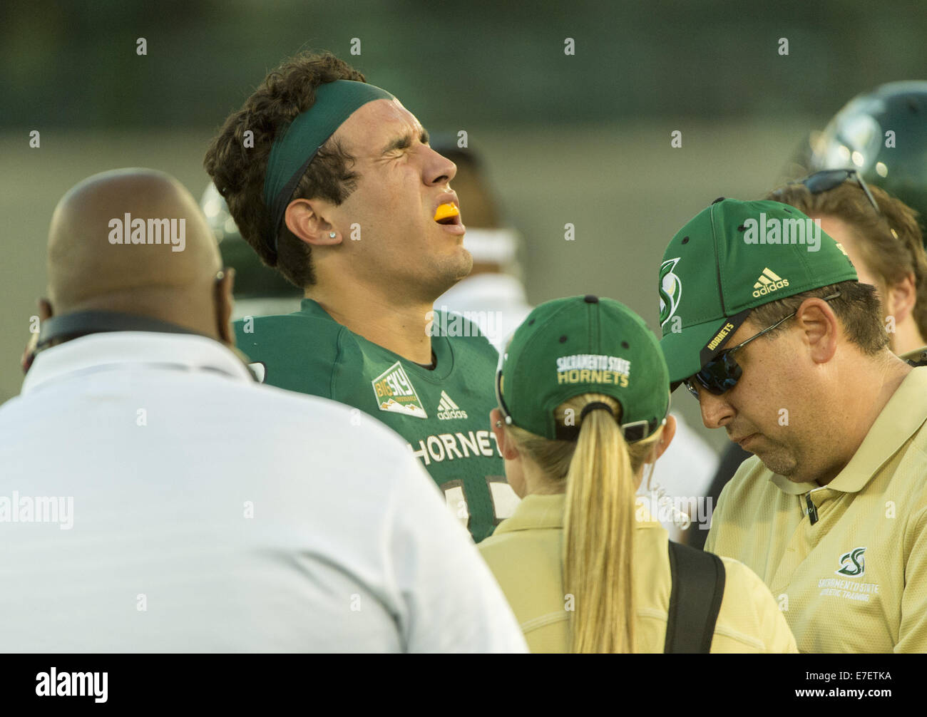 Sett. 13, 2014 - Sacramento, CA, Stati Uniti d'America - stato di Sacramento calabroni quarterback, Garrett Safron (12), fa una smorfia di dolore in disparte durante il primo semestre come il Sacramento membro calabroni ospiterà il Weber membro Wildcats a Hornet Stadium, sabato 13 settembre, 2014..Brian Baer/speciale per la Bee (credito Immagine: © Brian Baer/Sacramento Bee/ZUMA filo) Foto Stock