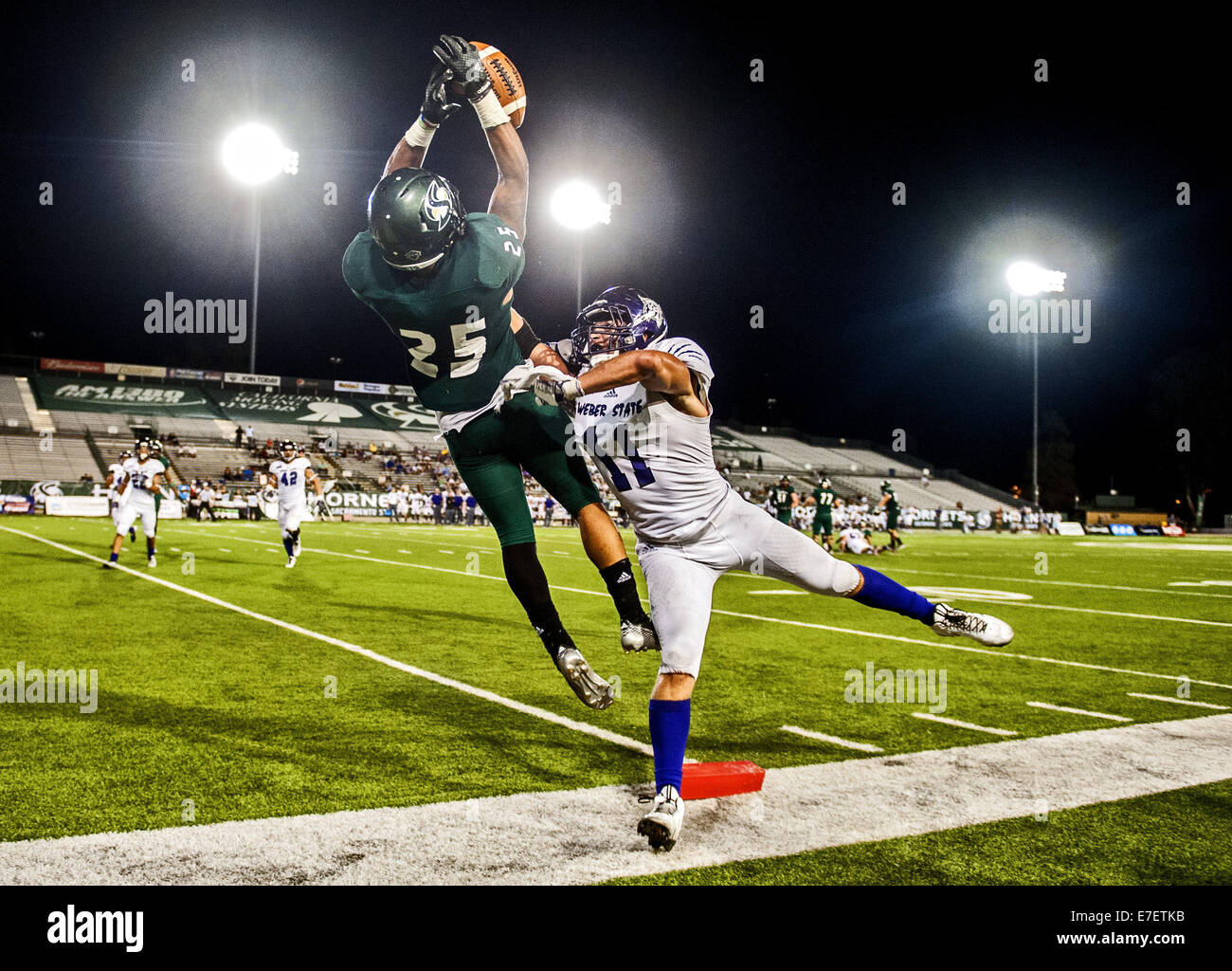 Sett. 13, 2014 - Sacramento, CA, Stati Uniti d'America - stato di Sacramento calabroni giocatore di football, Giordania Robinson (25), afferra la palla fuori dai limiti durante il quarto trimestre come il Sacramento membro calabroni ospiterà il Weber membro Wildcats a Hornet Stadium, sabato 13 settembre, 2014. Stato Sac ha vinto il gioco 42-31..Brian Baer/speciale per la Bee (credito Immagine: © Brian Baer/Sacramento Bee/ZUMA filo) Foto Stock
