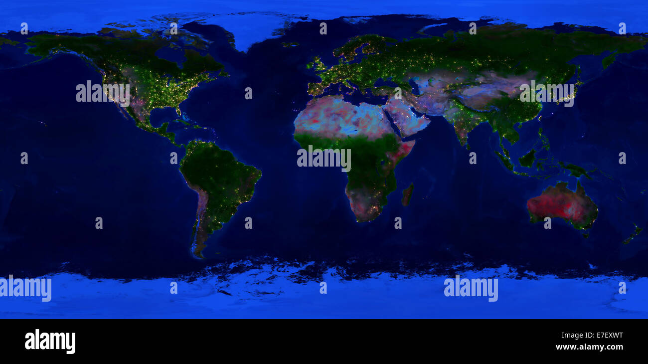 Misura Extra large mondo fisico mappa. Vista notturna della Terra con luci incandescenti della città. Foto Stock