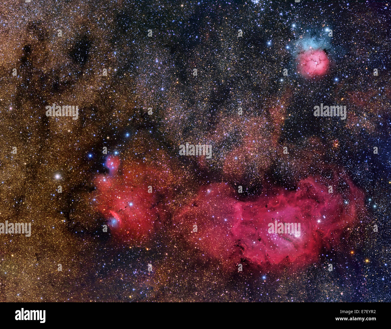 Il Sagittario tripletto con la Nebulosa Laguna, la Trifid Nebula, e NGC 6585. Foto Stock