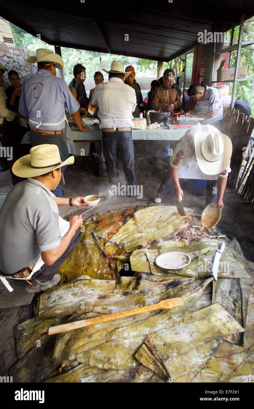 Barbacoa, un aroma di carne di capra cotta in una buca per il fuoco coperto con agave blu cactus, è servita in Tolantongo, hidalgo, Messico. Foto Stock