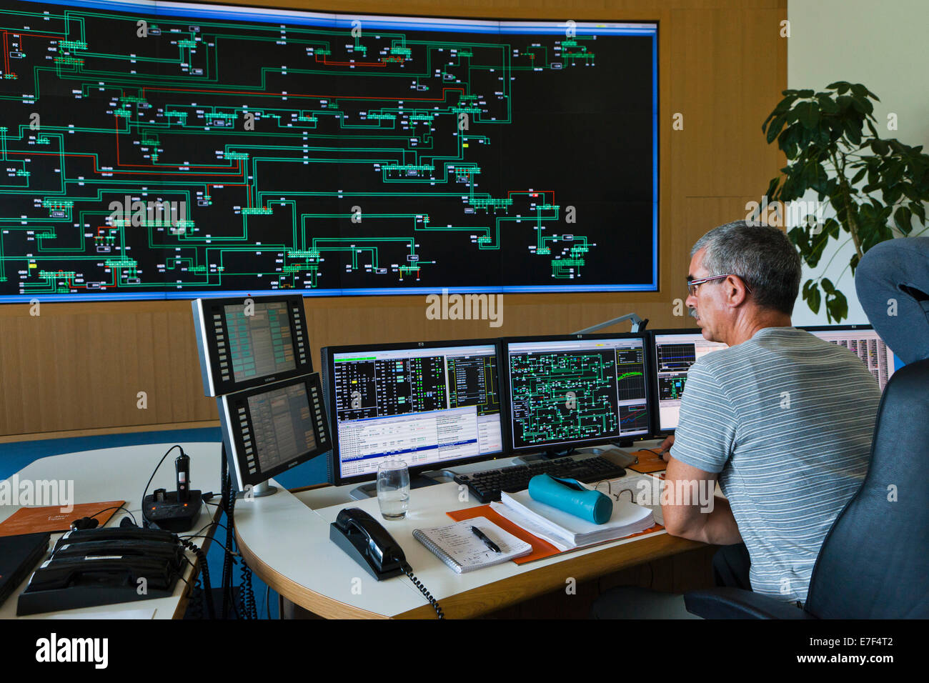Ingegnere seduto alla sua postazione di lavoro nella trasmissione del centro di controllo, TCC, cambio di operatore di rete 50Hertz Foto Stock