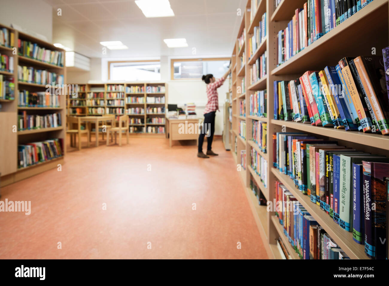Donna che guarda per un libro in una libreria della scuola, Reith im Alpbachtal, Tirolo, Austria Foto Stock
