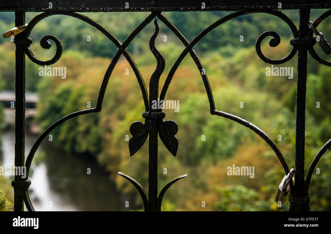 Ferro battuto cancello nella parte anteriore della foresta autunnale, Wupper, Bergisch Land, Nord Reno-Westfalia, Germania Foto Stock