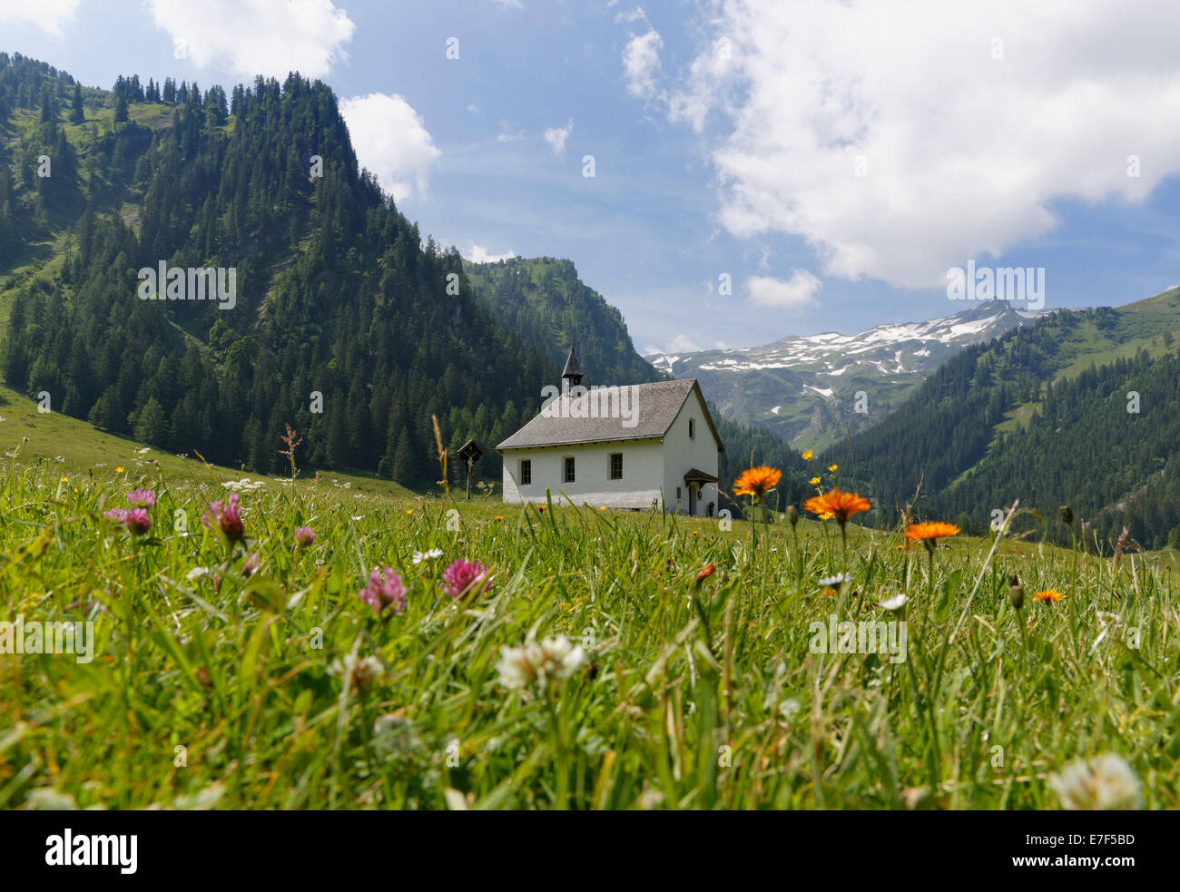 San Rocco cappella, la chiesa di San Rocco Nenzinger Himmel pascolo alpino, Gamperdonatal valley, comunità di Nenzing, Rätikon Foto Stock