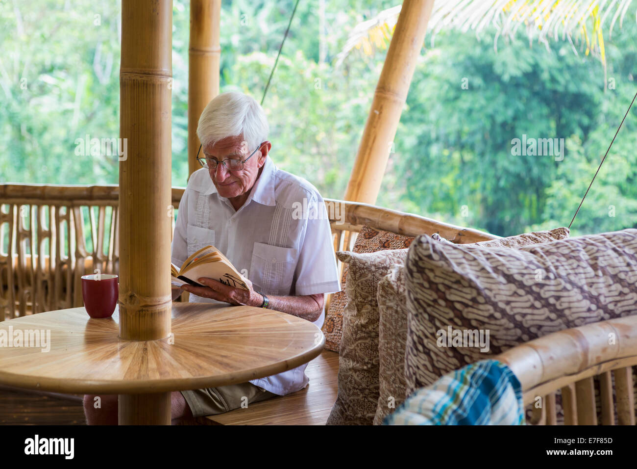 Vecchio uomo caucasico lettura in bambù soggiorno Foto Stock