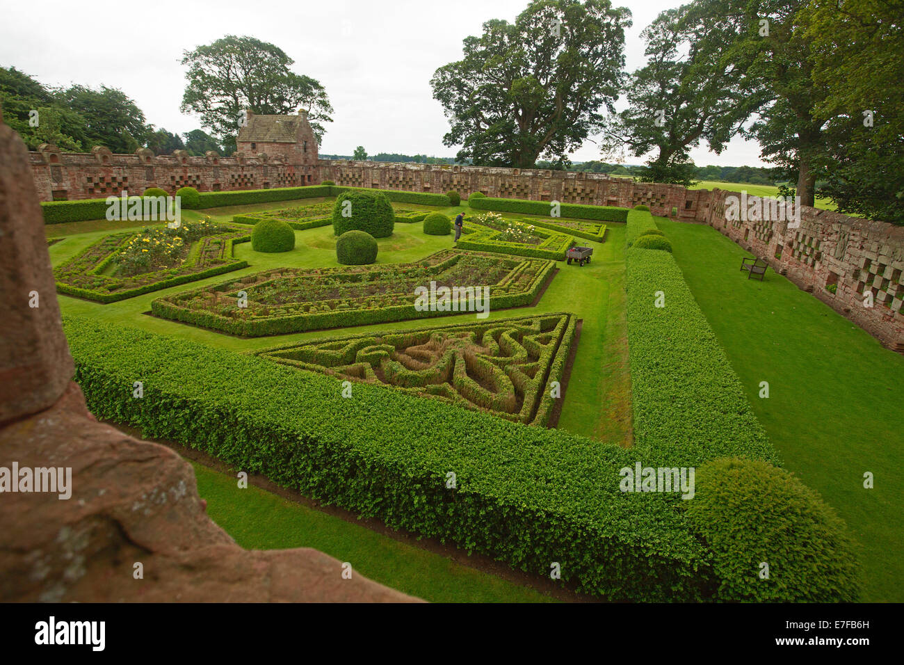 Formale elegante giardino murato con basse siepi di tasso di intricati disegni geometrici nello storico castello Edzell in Scozia Foto Stock