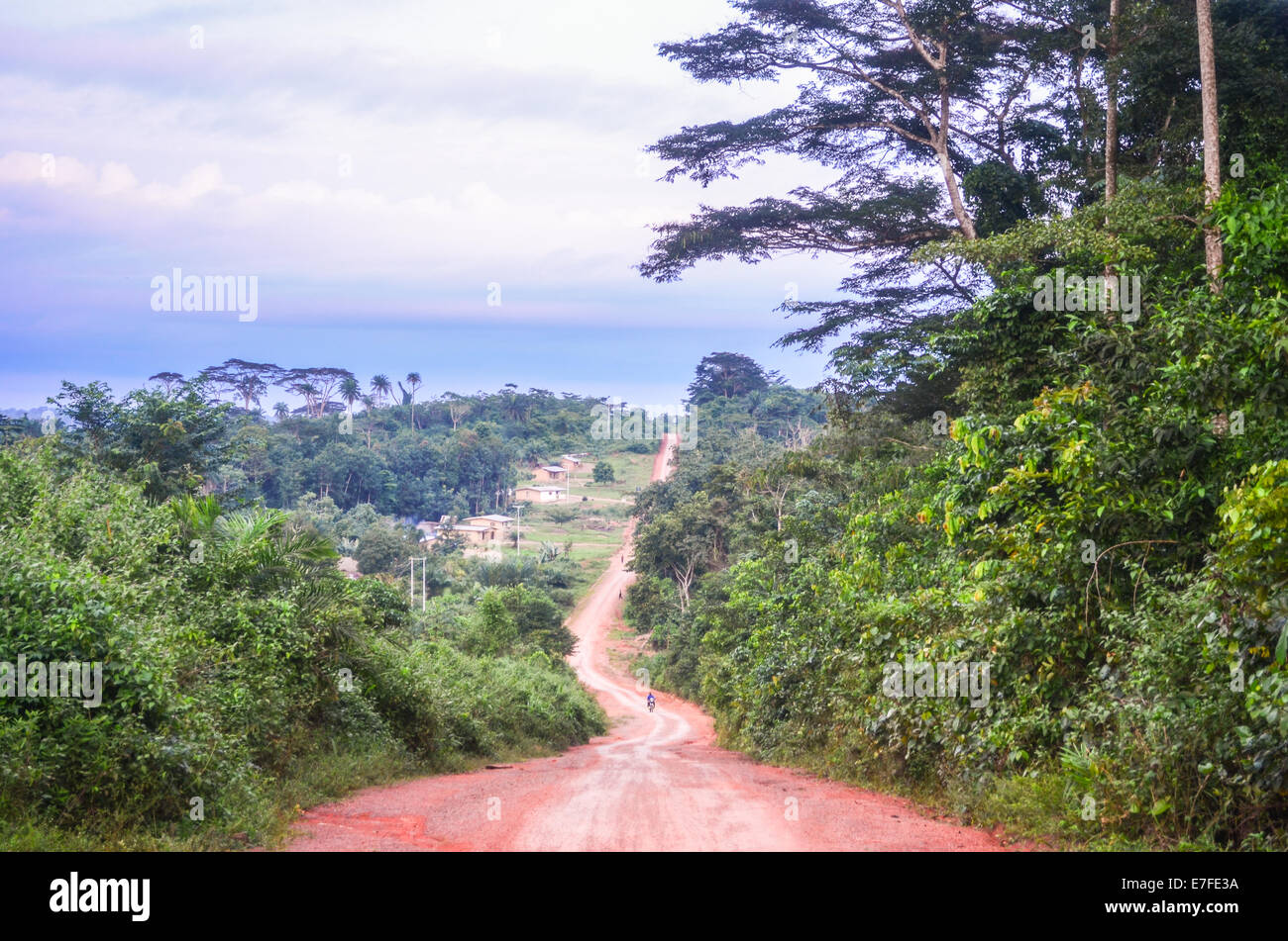 Strada sterrata di terra rossa di Nimba County, Liberia, che conduce al confine con la Costa d Avorio Foto Stock