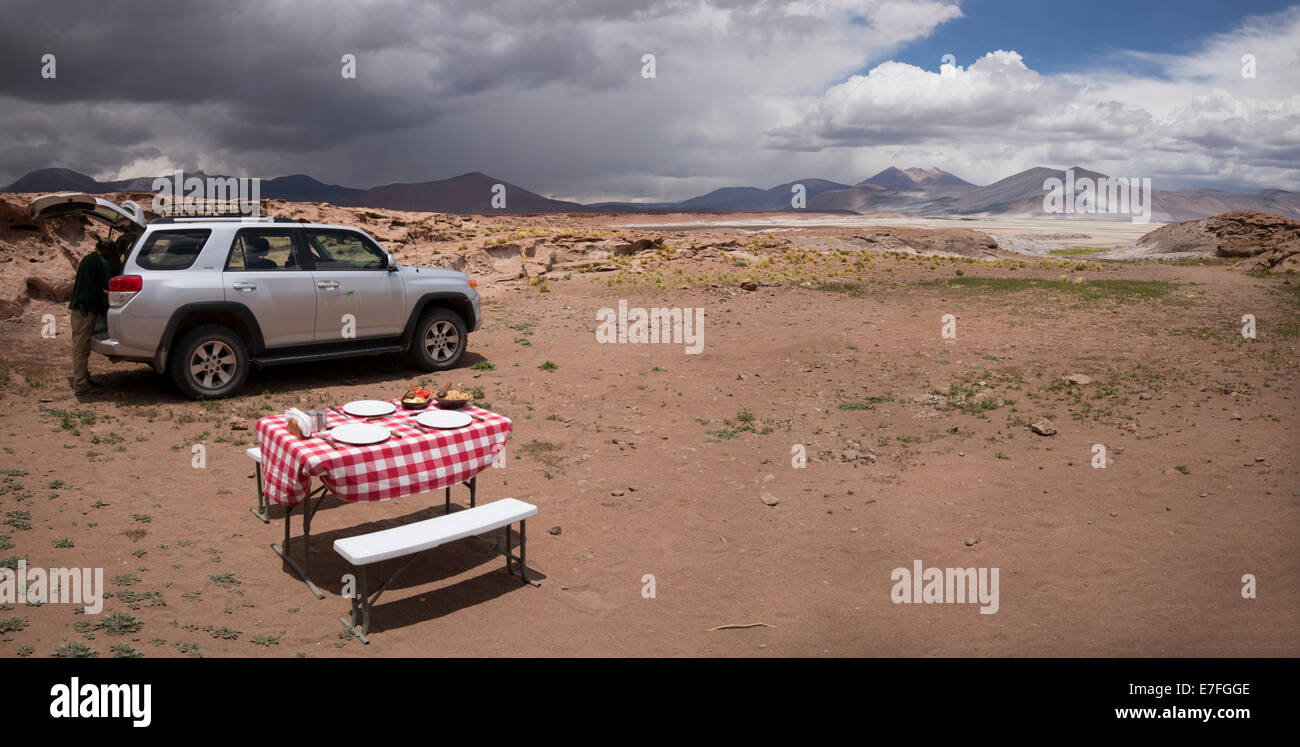 La trazione a quattro ruote motrici picnic sulla alta altiplano, Cile. Foto Stock