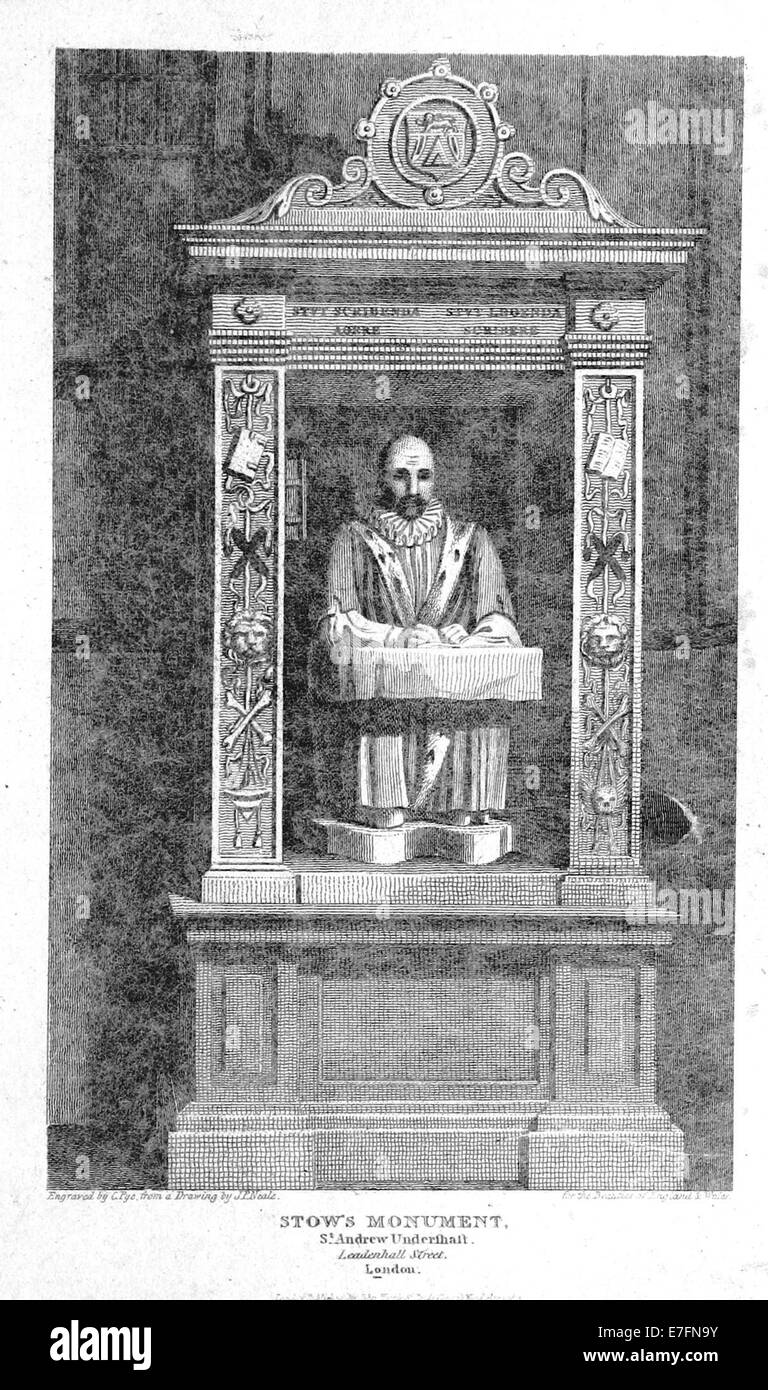 Illustrazione da Brayley (1820), che mostra Stow's Monument e St Andrew Undershaft in Leadenhall Street, Londra. L'immagine raffigura una vista storica del monumento e della chiesa come parte del paesaggio urbano di Londra del XIX secolo. Foto Stock