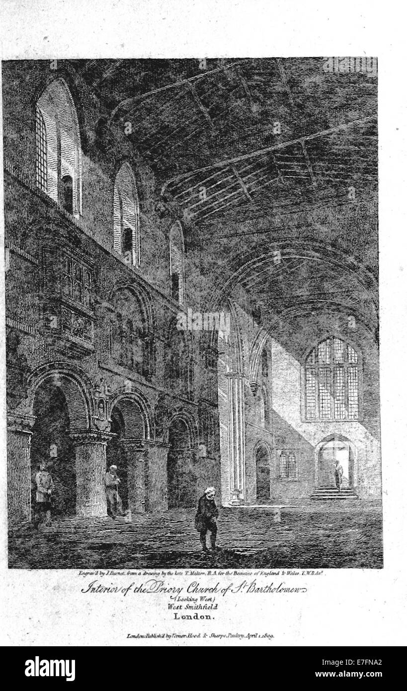 Illustrazione tratta da 'Brayley' (1820) che mostra l'interno della chiesa del Priorato di San Bartolomeo a West Smithfield, Londra, evidenziandone i dettagli architettonici e il significato religioso. Foto Stock