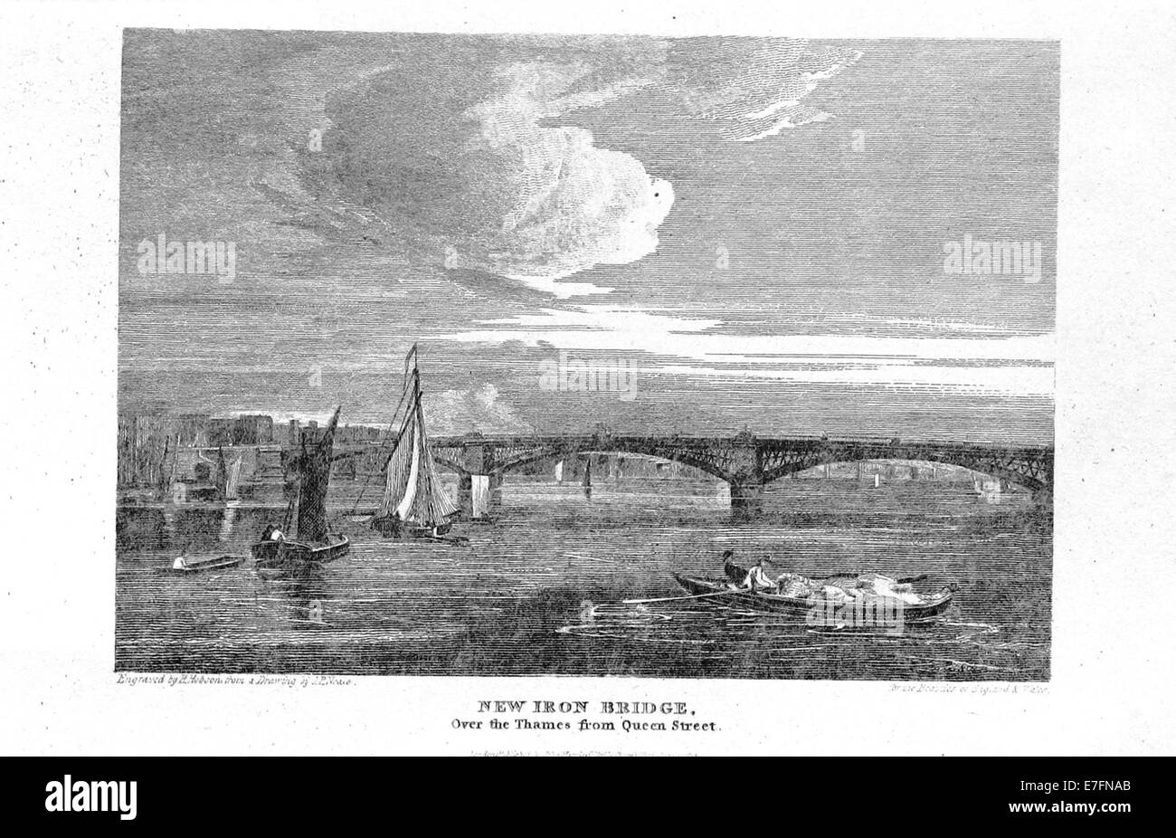 Un'illustrazione di Brayley (1820) che mostra il nuovo Iron Bridge sul fiume Tamigi da Queen Street. L'immagine mette in evidenza l'ingegneria e il design di questo iconico ponte di Londra. Foto Stock