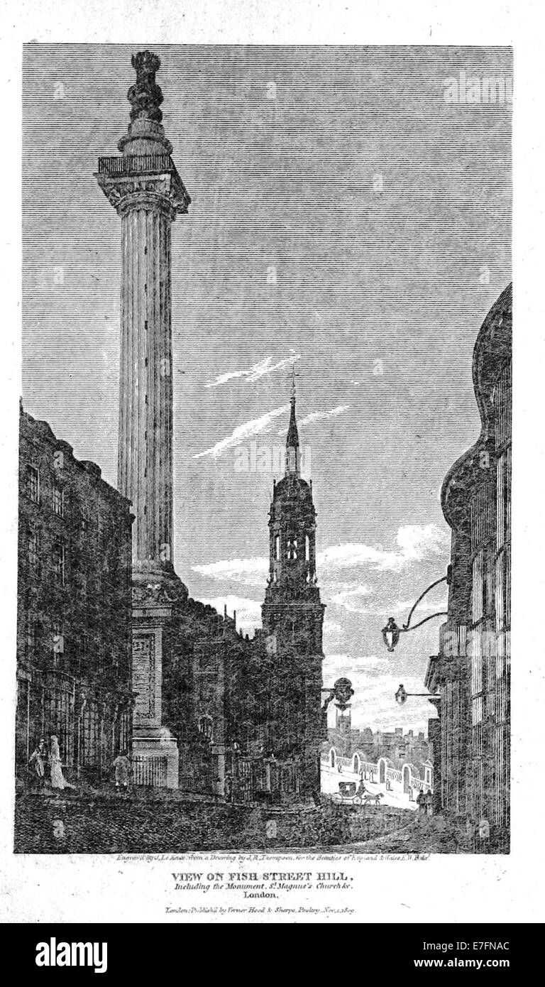Illustrazione tratta da "Brayley's London" (1820) che mostra Fish Street Hill, con monumenti importanti come il Monumento e la chiesa di San Magnus. Foto Stock