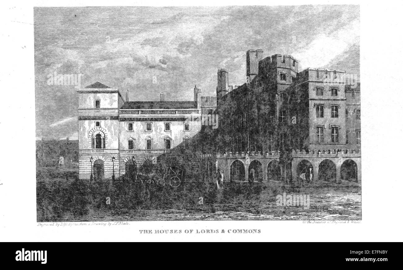 Illustrazione tratta da "Brayley" (1820) che mostra le Houses of Lords and Commons, concentrandosi sui dettagli architettonici e istituzionali degli edifici. Foto Stock
