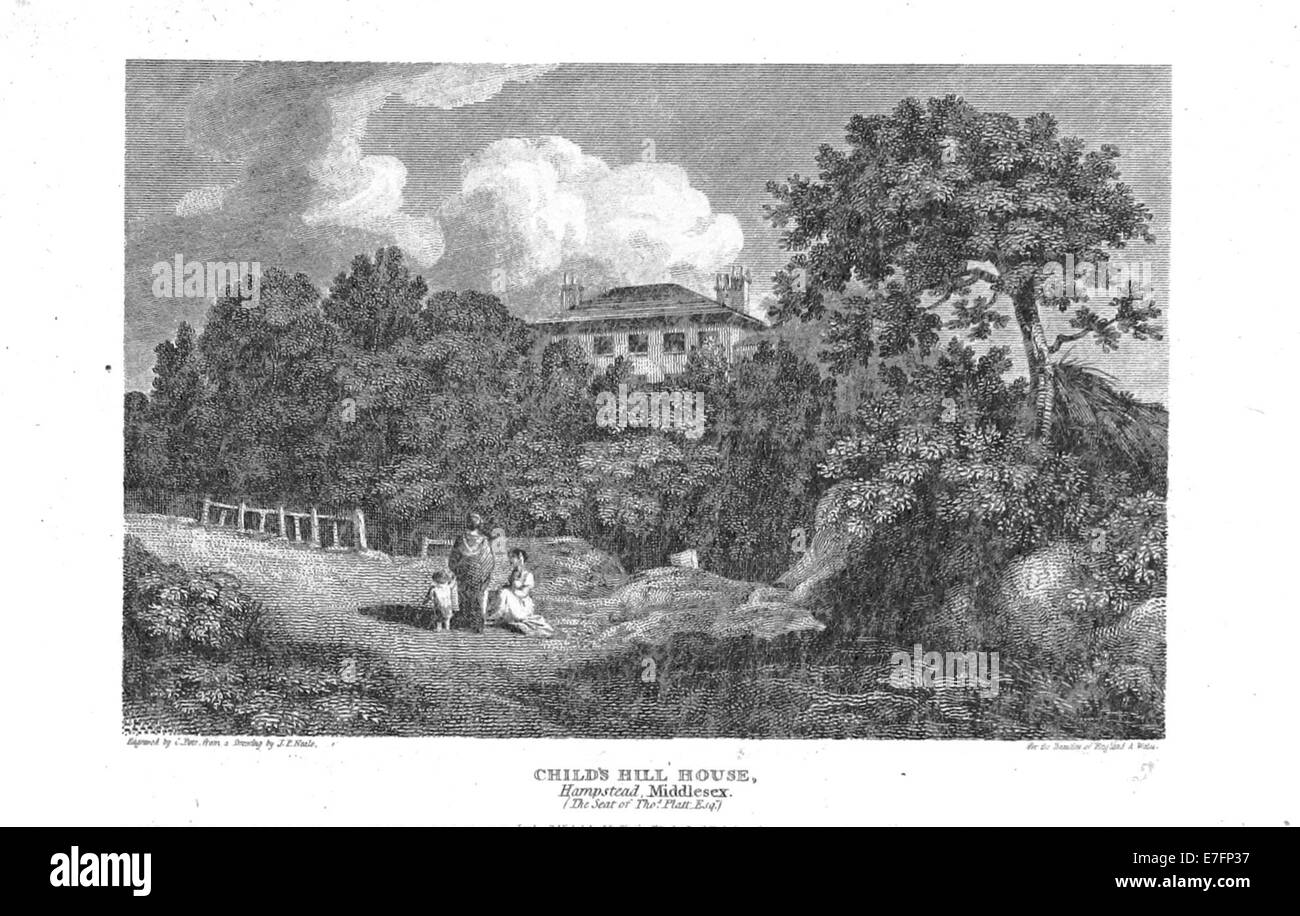 Illustrazione tratta da pagina 5,017 di 'Brayley' (1820), che mostra la casa di Child's Hill ad Hampstead, Middlesex, evidenziando le caratteristiche architettoniche di questa residenza dell'inizio del XIX secolo. Foto Stock