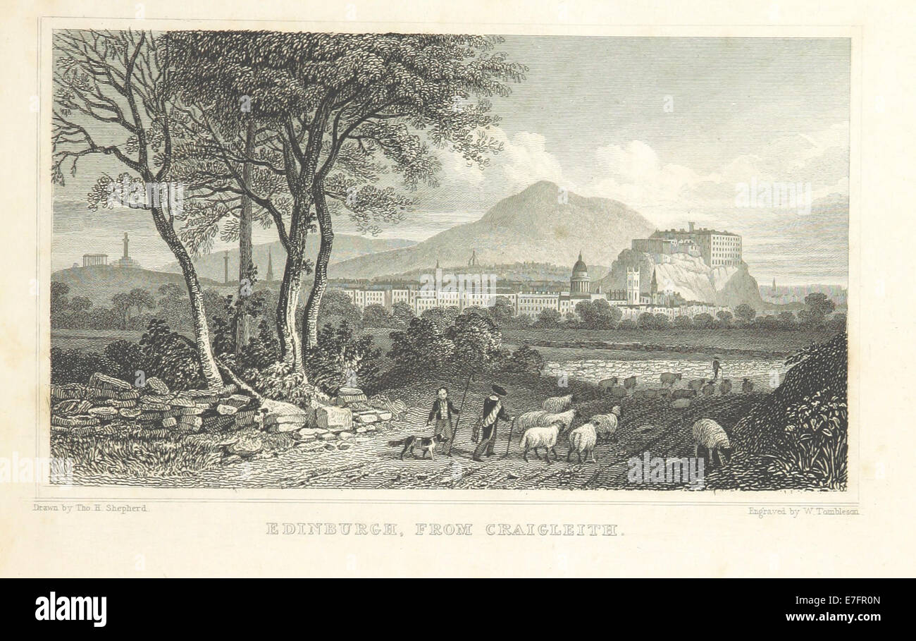 Un'illustrazione tratta dal lavoro del 1829 di Thomas Hosmer Shepherd, che mostra una vista di Edimburgo da Craigleith, evidenziando il paesaggio e l'architettura della città. Foto Stock