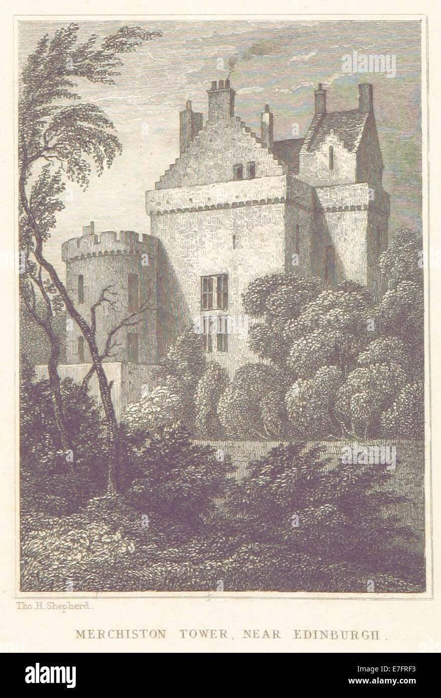 Un'illustrazione tratta dal lavoro del 1829 di Thomas Hosmer Shepherd, raffigurante la Merchiston Tower vicino a Edimburgo, evidenziando l'architettura medievale e il paesaggio circostante. Foto Stock