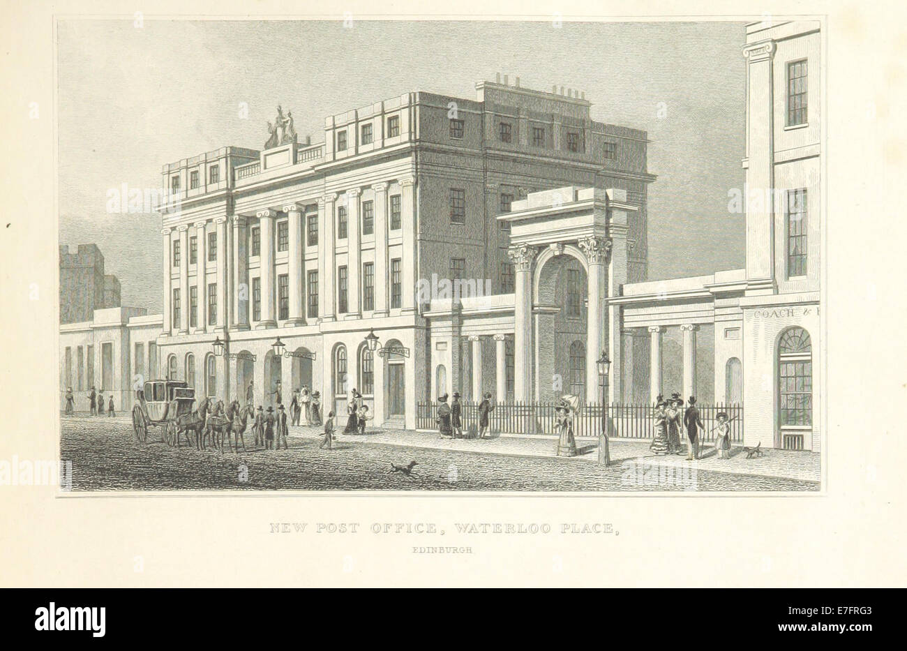Un'illustrazione tratta dal lavoro del 1829 di Thomas Hosmer Shepherd, raffigurante il New Post Office a Waterloo Place a Edimburgo, mettendo in evidenza l'architettura e le infrastrutture della città. Foto Stock
