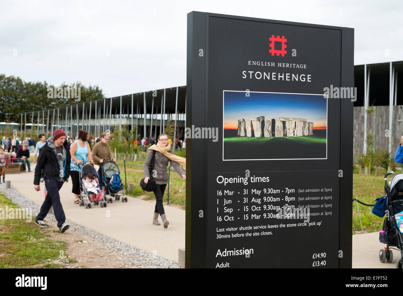 Visitatori turistici passano il tempo di apertura & informazioni firmare all'entrata del nuovo centro visitatori di Stonehenge / Stone Henge UK. (70) Foto Stock
