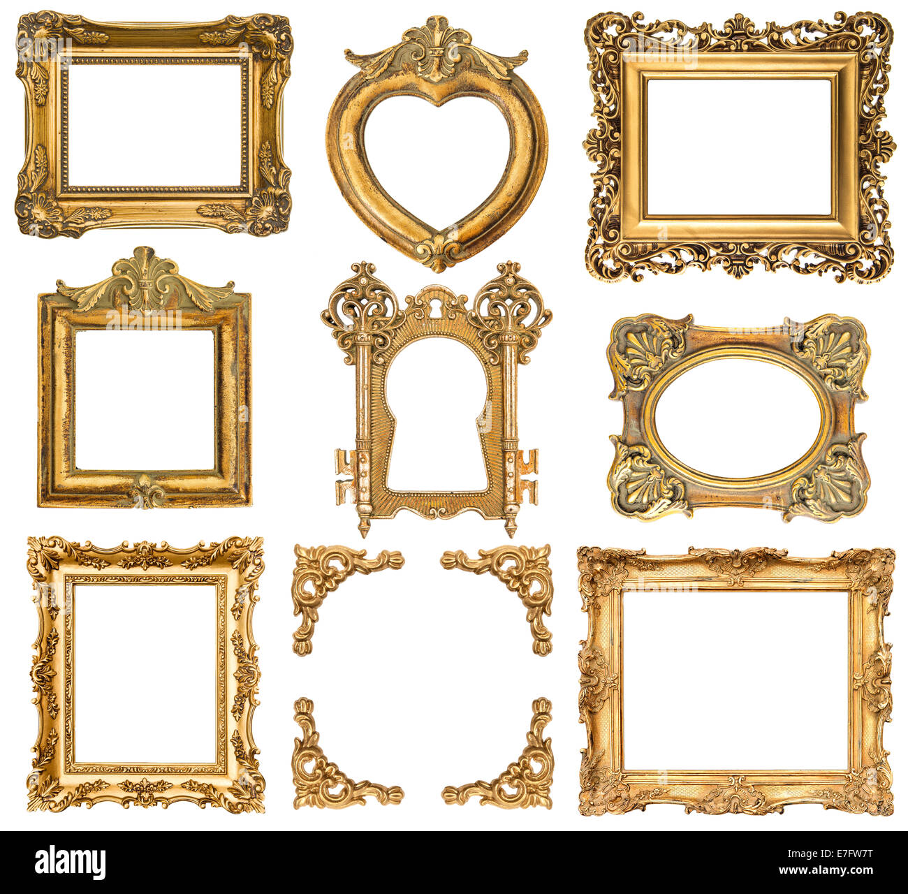 Set di cornici dorate isolati su sfondo bianco in stile barocco oggetti antichi. sfondo vintage Foto Stock