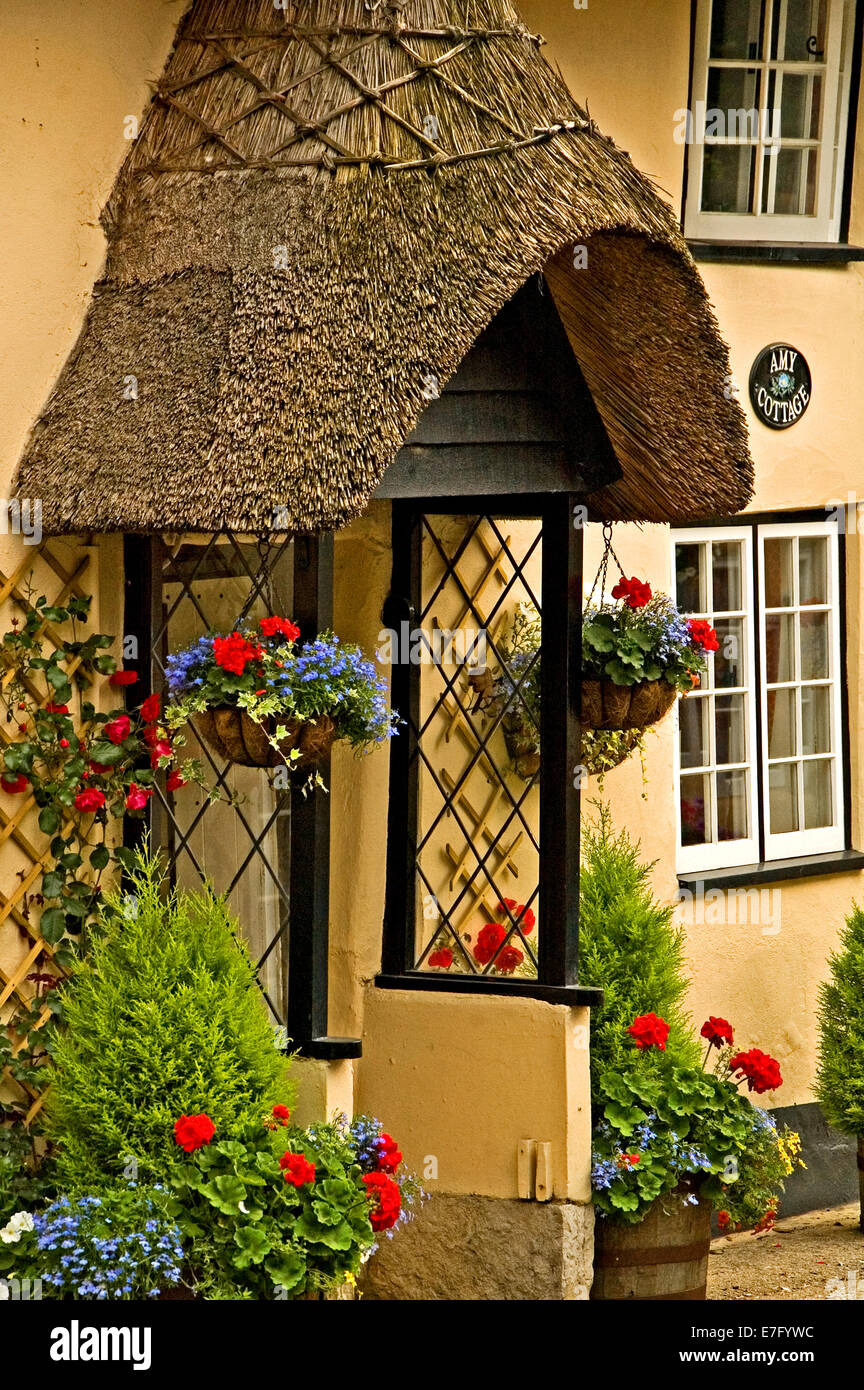 Case vacanze nel villaggio di Lulworth in Dorset, con tetti di paglia e colorati nei cestini appesi al di fuori. Foto Stock