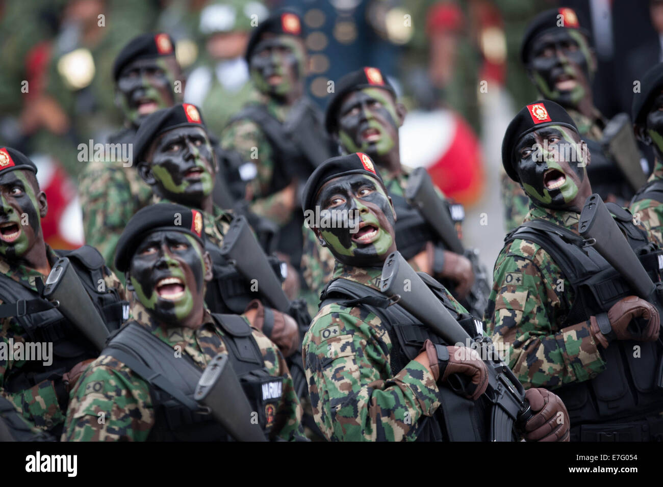 Città del Messico. 16 Sett 2014. I membri dell'esercito messicano forze prendere parte in una parata militare, come parte della commemorazione del giorno di indipendenza, a Città del Messico, capitale del Messico, sul Sett. 16, 2014. Credito: Pedro Mera/Xinhua/Alamy Live News Foto Stock
