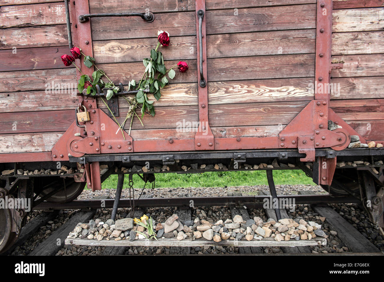 Carrello con rose, Auschwitz II-Birkenau sterminio camp, Oswiecim, Polonia Foto Stock