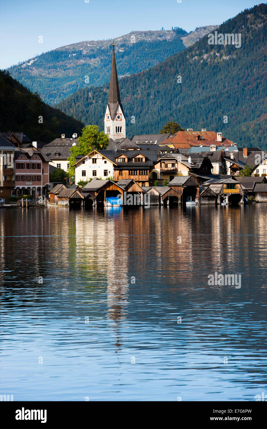 Vista sulla città, Hallstatt sul lago Hallstatt, Sito Patrimonio Mondiale dell'UNESCO, Salzkammergut, Alpi, Austria superiore, Austria Foto Stock