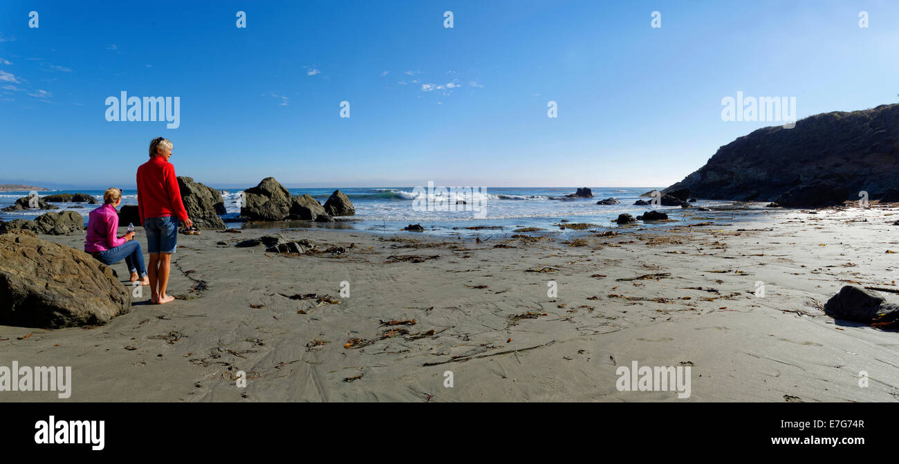Due donne sulla spiaggia sabbiosa, Pacific Coast, Cambria, California, Stati Uniti Foto Stock