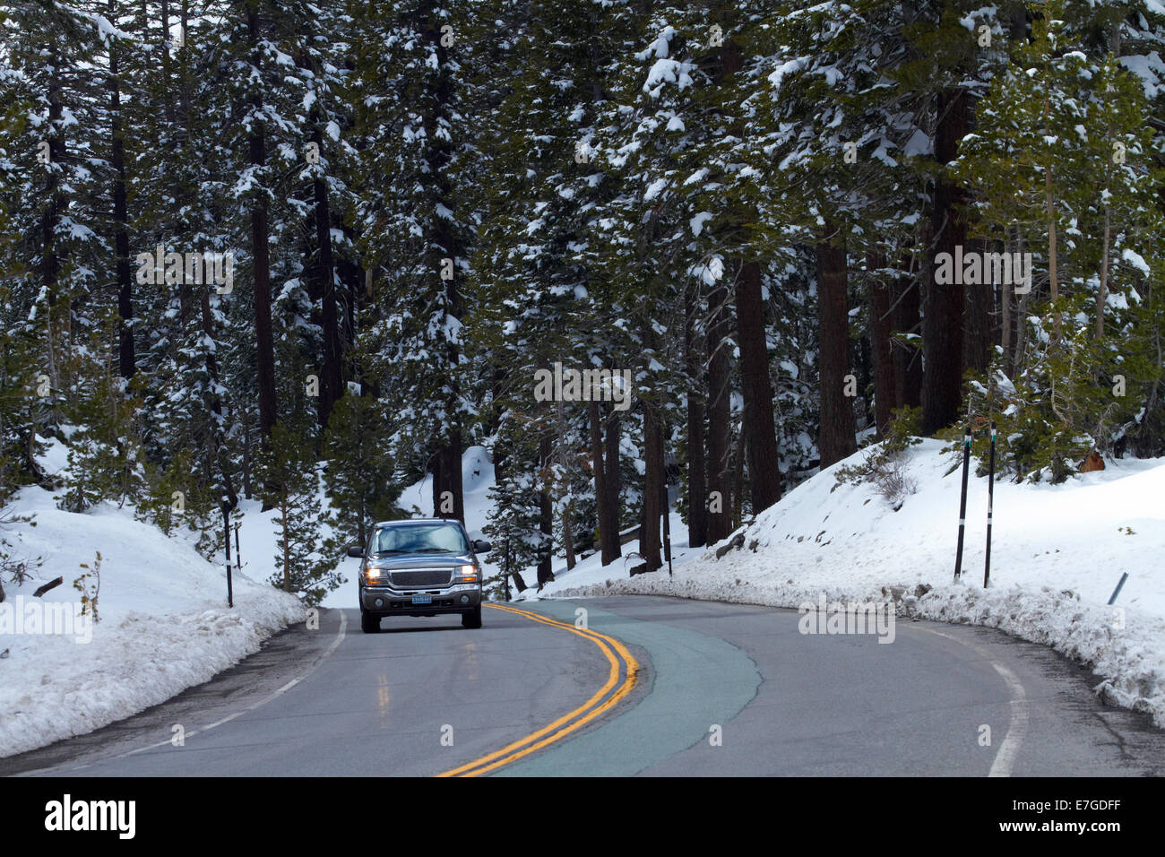 Veicolo su strada e la neve a Carson Sperone (quota 7990ft), Carson Pass Highway (SR 88), oltre la Sierra Nevada, in California, Stati Uniti d'America Foto Stock