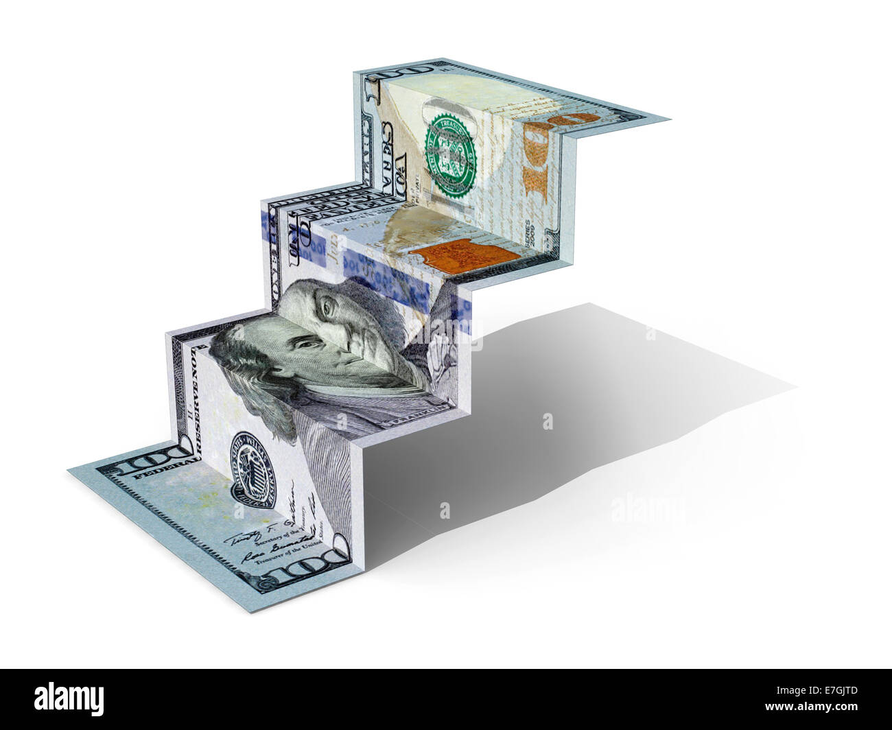 100 dollari banconota piegata come passaggi su sfondo bianco, 3d illustrazione Foto Stock