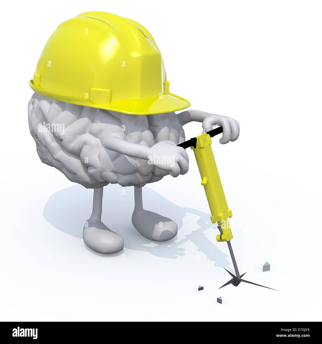 Cervello umano con le braccia, le gambe, lavoro casco e jackhammer su mano, 3d illustrazione Foto Stock