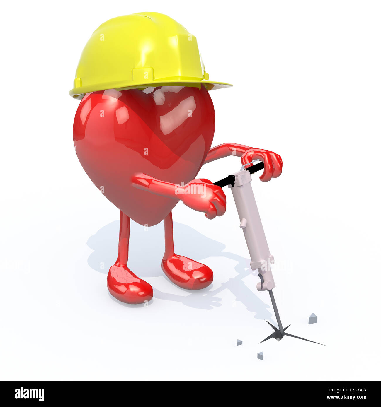 Cuore con le braccia, le gambe, lavoro casco e jackhammer su mano, 3d illustrazione Foto Stock