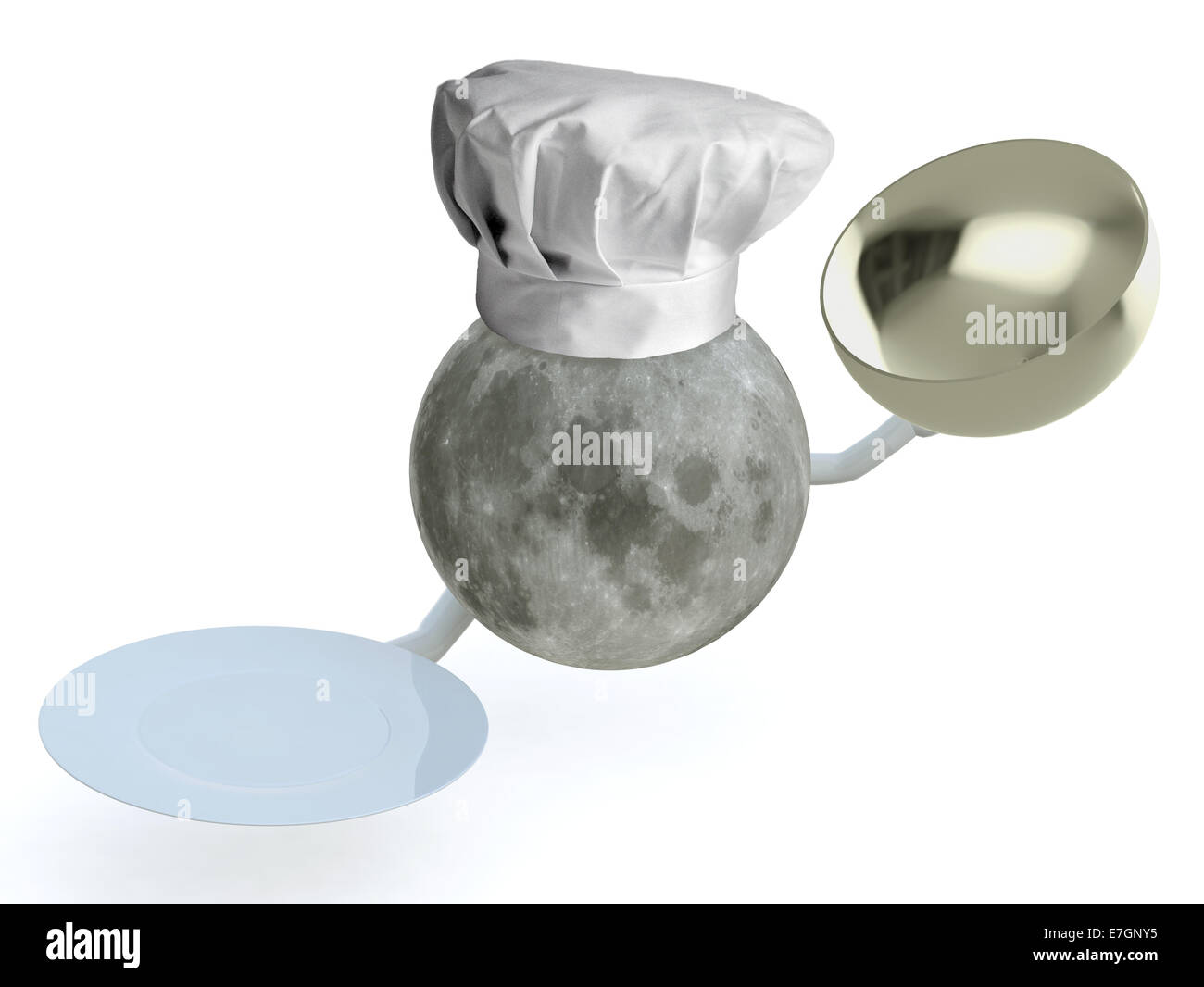 La luna il pianeta con un ristorante lo chef hat e piatto, 3d illustrazione Foto Stock