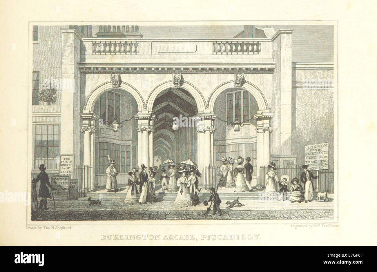 Illustrazione tratta da "Metropolitan Improvements" di Shepherd (1828) che mostra il Burlington Arcade a Piccadilly, concentrandosi sulle sue caratteristiche architettoniche. Foto Stock