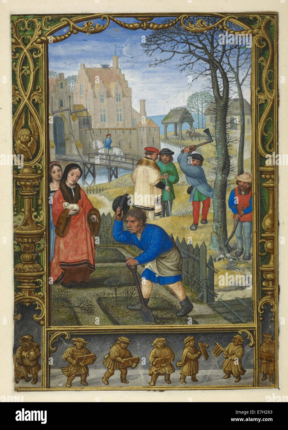 Illustrazione tratta da "The Golf Book" (1520-1530), folio 20v, che mostra le attività del mese di marzo, tra cui giardinaggio, abbattimento degli alberi e gioco con i battiti. Una rappresentazione della vita medievale e dei compiti stagionali. Foto Stock