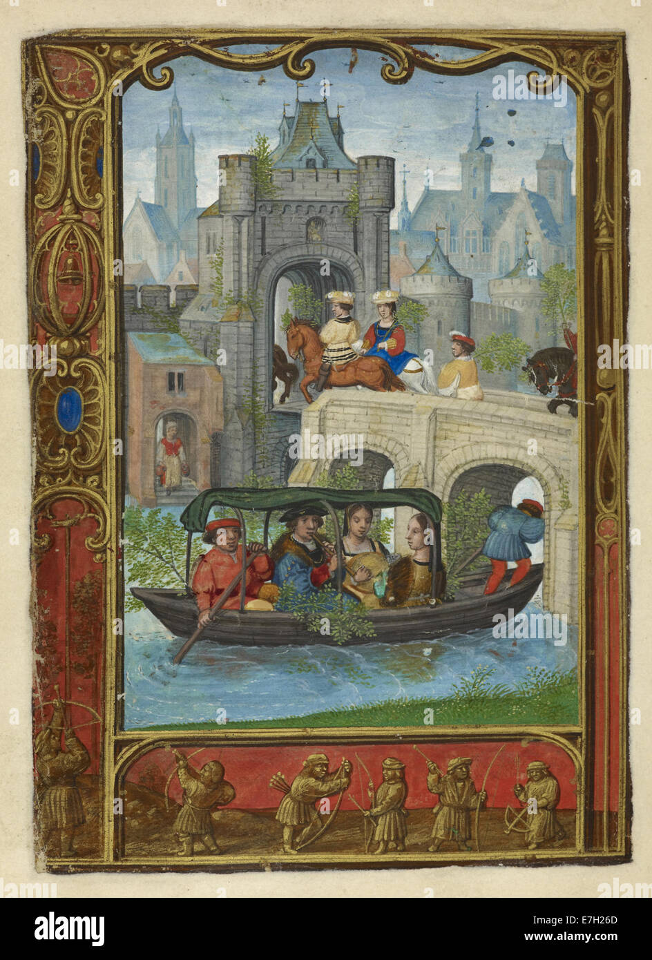 Illustrazione tratta da "The Golf Book" (1520-1530), raffigurante una festa in barca e tiro con l'arco, catturando attività ricreative dell'inizio del XVI secolo. Foto Stock