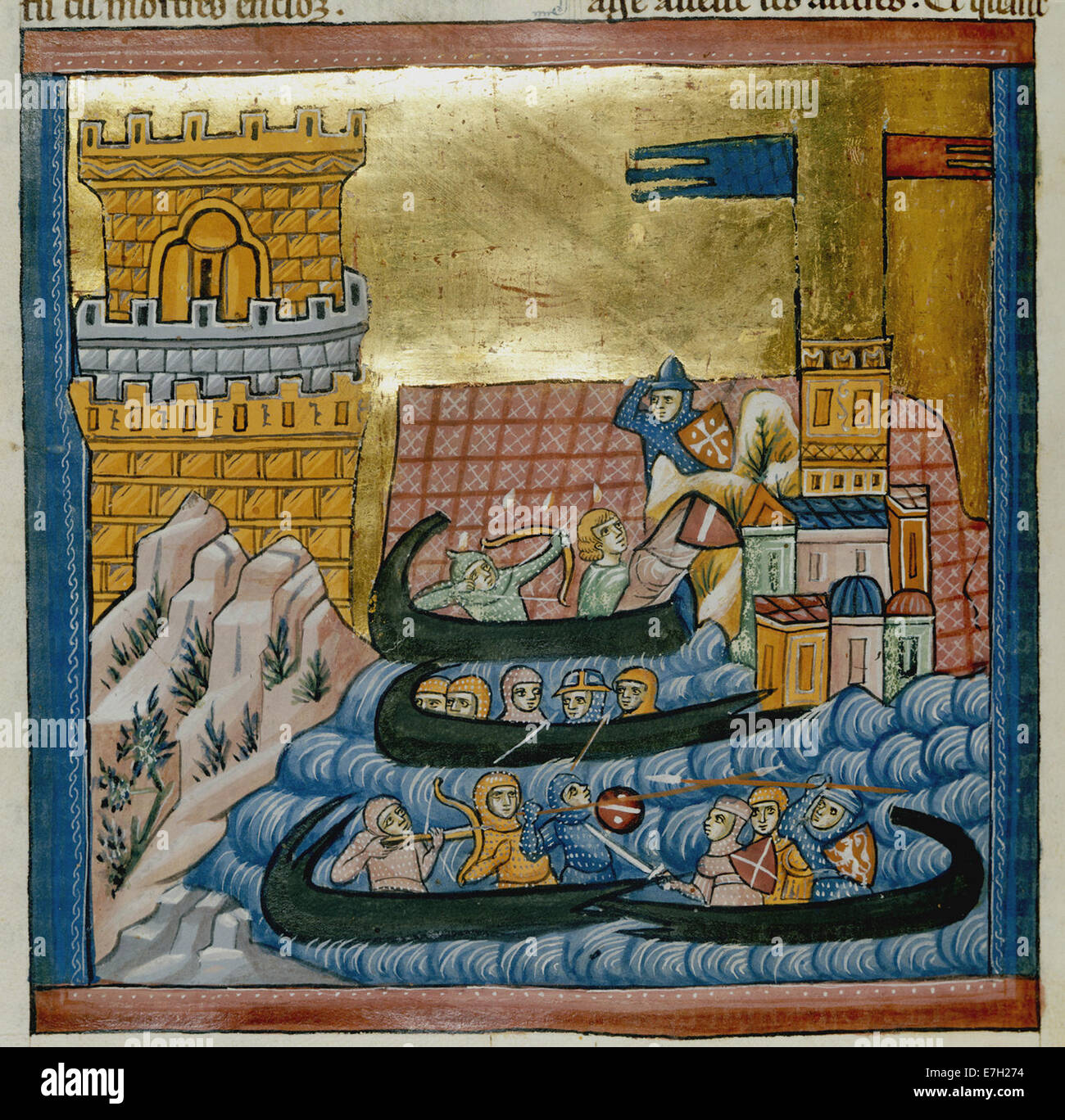 Battaglia navale tra le flotte di Creta e di Atene - Li Livre des estoires ansienes (c.1285), f.136v - BL ADD MS 15268 Foto Stock