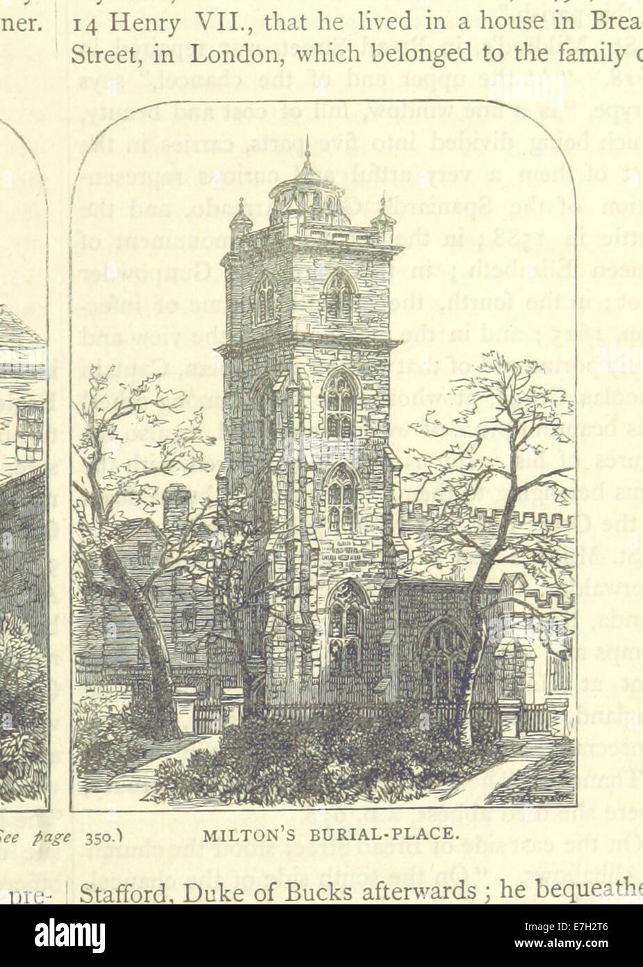 Un'illustrazione di "Old and New London" (1887) raffigurante il luogo di sepoltura del poeta John Milton. L'immagine cattura il memoriale e i dintorni di questo sito storico. Foto Stock