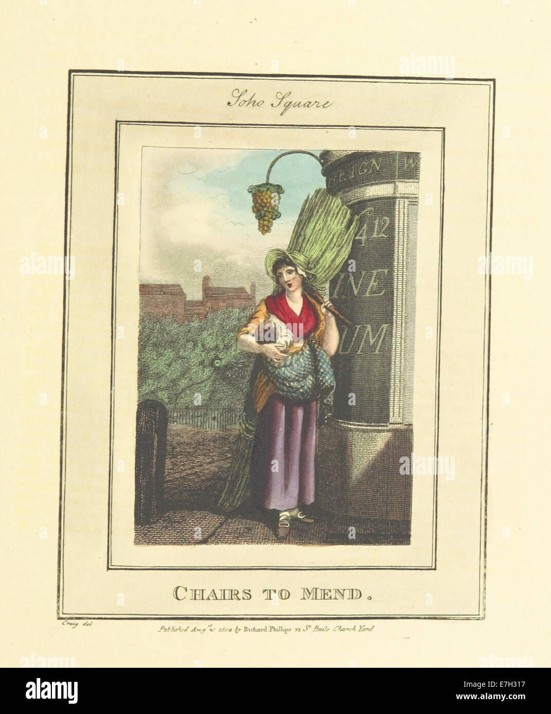 Un'illustrazione dal manoscritto di Phillips del 1804, raffigurante Soho Square e una scena intitolata "sedie da riparare". L'immagine offre una vista storica dell'area con particolare attenzione alle sedie in riparazione. Foto Stock