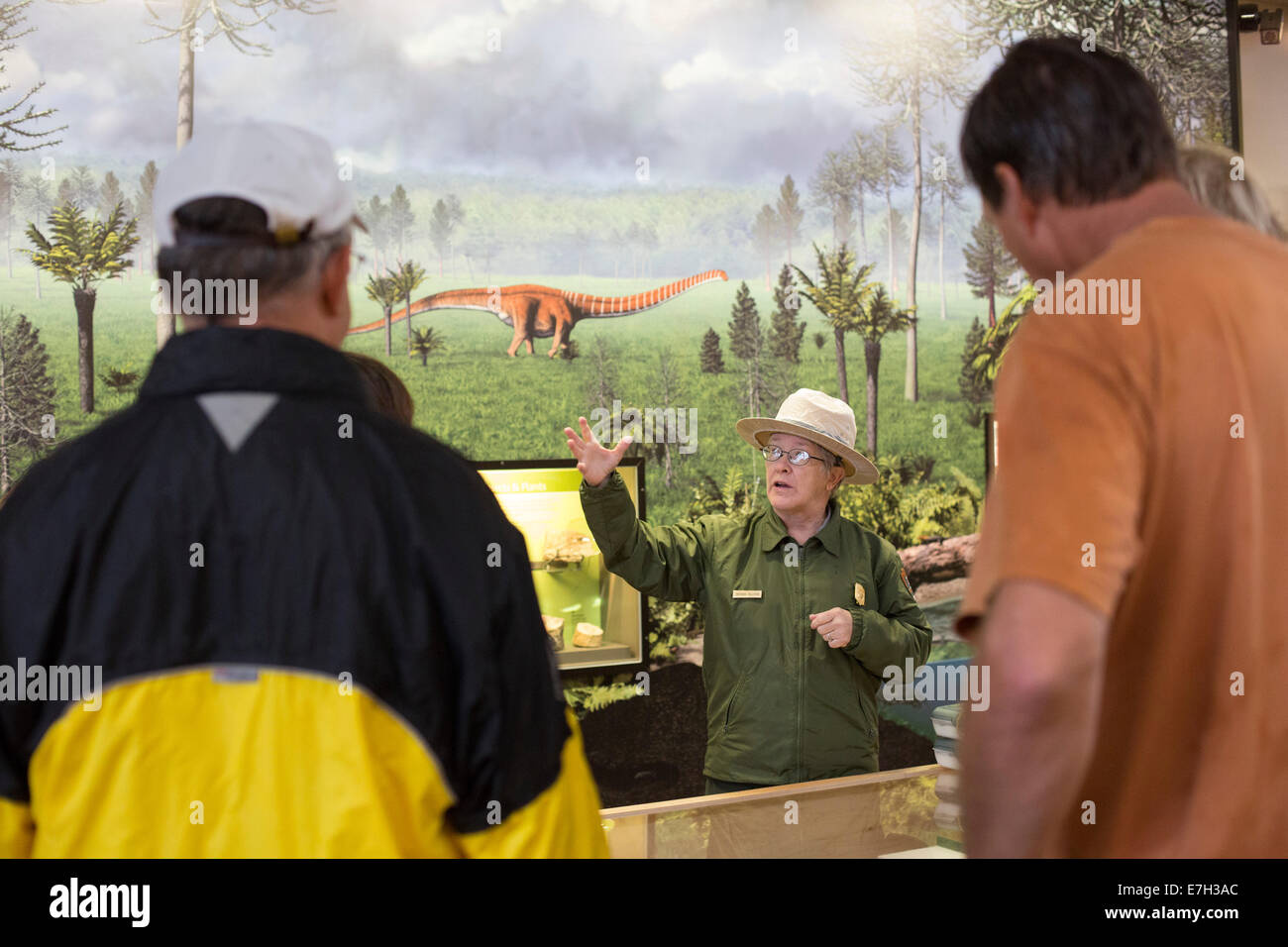 Jensen, Utah - un ranger del parco i colloqui con i visitatori nella cava Exhibit Hall a dinosauro monumento nazionale. Foto Stock