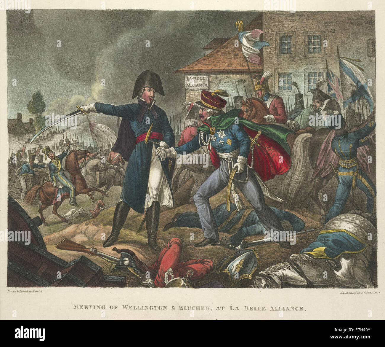 La riunione di Wellington e Blucher durante la Battaglia di Waterloo. - Le guerre di Wellington, una poesia narrativa (1819), opposta 172 - BL Foto Stock