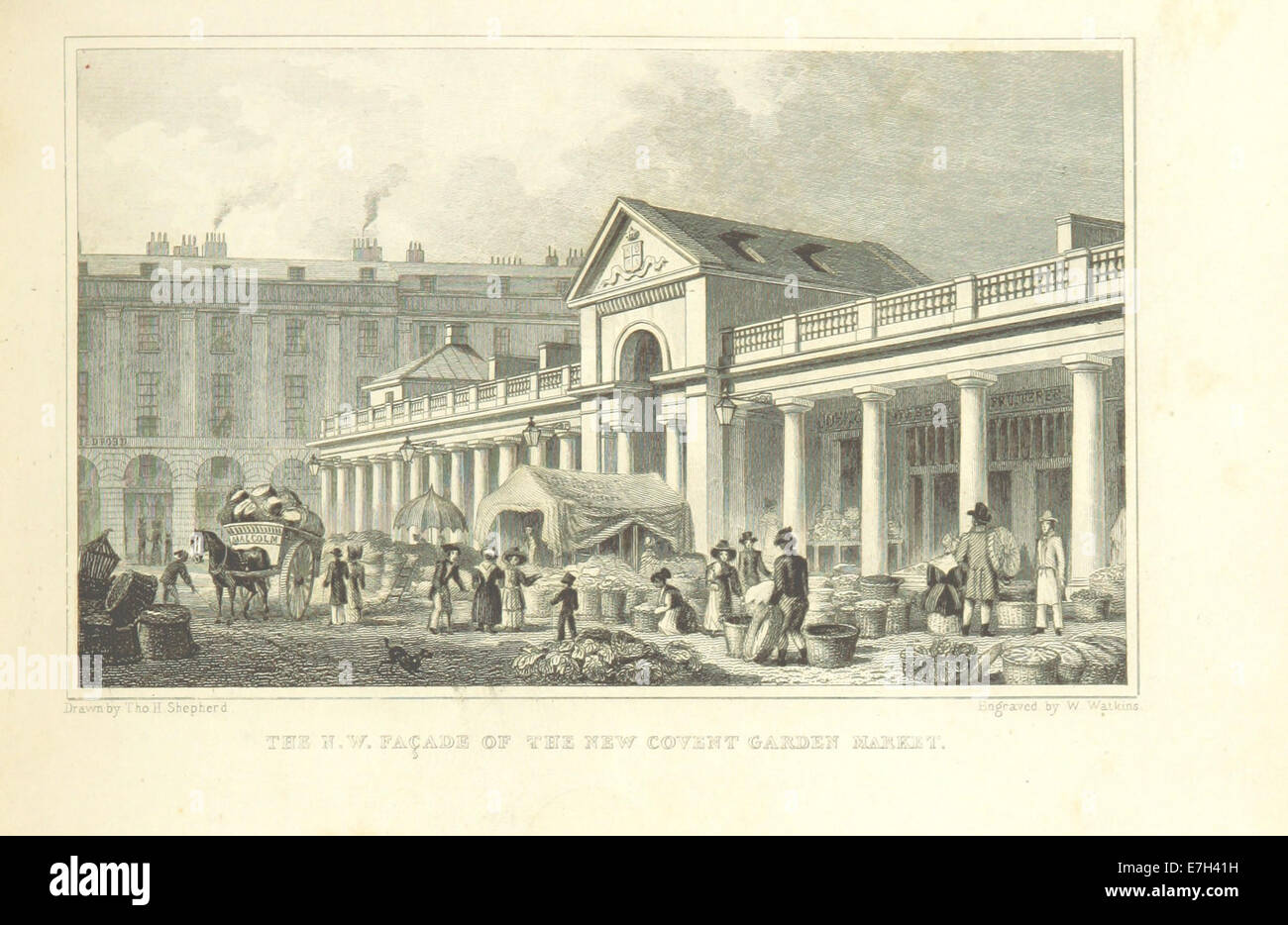 Illustrazione tratta da "Metropolitan Improvements" (1828) che mostra la facciata nord-ovest del mercato Covent Garden di Londra, di recente costruzione, concentrandosi sul suo design architettonico. Foto Stock