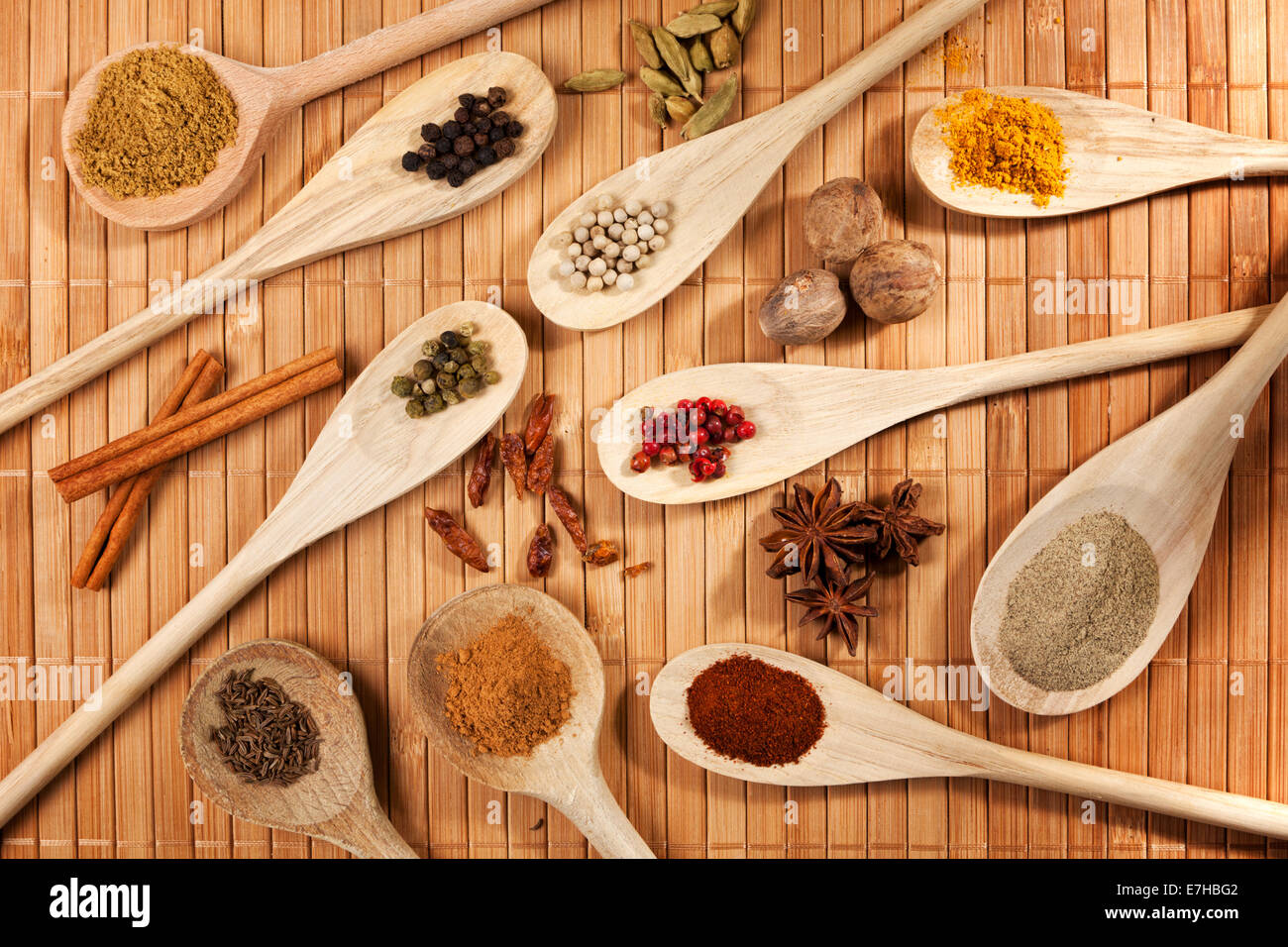 Varietà di spezie in cucina in legno cucchiai, ad alto angolo di visione Foto Stock